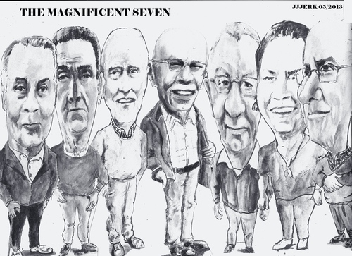 Cartoon: Magnificent Seven (medium) by jjjerk tagged bell,art,group,darndale,cartoon,caricature,glasses,irish,ireland,artists,painters