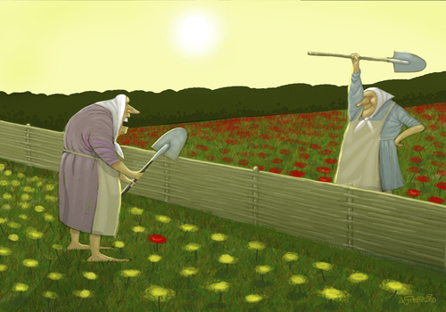 Cartoon: 2 (medium) by popov tagged competition,village,garden,flowers,tennis,sports