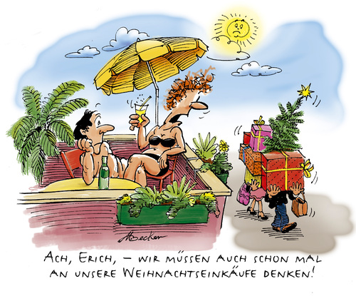 Cartoon: Weihnachtseinkauf (medium) by Michael Becker tagged weihnachten,einkauf,geschenke,tannenbaum,sonnenschirm,balkon,terasse