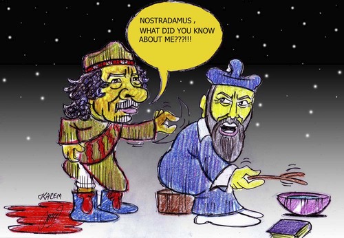 Cartoon: gaddafi and nostradamus (medium) by Hossein Kazem tagged gaddafi,and,nostradamus