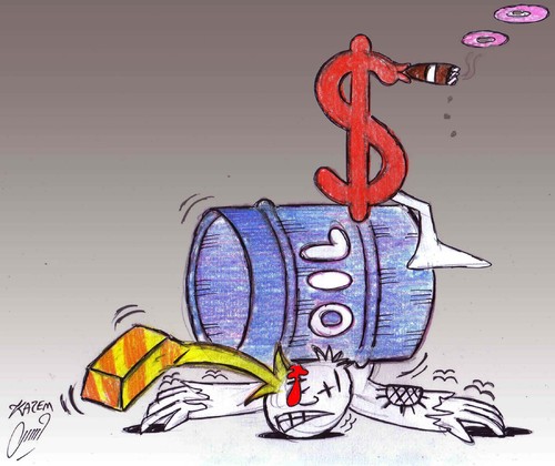 Cartoon: gold oil dollar (medium) by Hossein Kazem tagged dollar,oil,gold