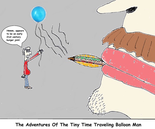 Cartoon: Tiny Time Traveler (medium) by hovermansion tagged balloon,burger,joint,mustache,tiny,guy,food,junkie
