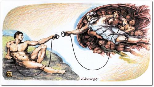 Cartoon: energy (medium) by penapai tagged creation,michelangelo,gemälde,kunst,gott,himmel,erschaffung,verbindung,stecker,steckdose,strom,energie,versorgung,technik