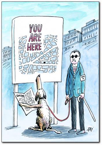 Cartoon: guide (medium) by penapai tagged blind,dog,stadt,tourist,blinder,tier,hund,behinderung,sehvermögen,sinne,sehen,stadtplan,stadtführer,orientierung,blindenhund,hilfe