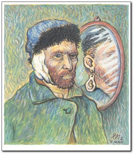 Cartoon: mirror (medium) by penapai tagged van,gogh,,vincent van gogh,maler,portrait,hommage,karikatur,ohr,ohrschmuck,abgeschnitten,selbstverstümmelung,spiegel,ästhetik,goldener schnitt,expressionismus,impressionismus,blaue,pinke,periode