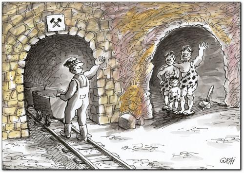 Cartoon: neighbours (medium) by penapai tagged miner,mine,minenarbeiter,arbeit,job,neandertaler,höhle,urzeit,entwicklung,evolution,fortschritt,menschheit,mensch,nachbarn,nachbarschaft,bergarbeiter,höhlenmensch