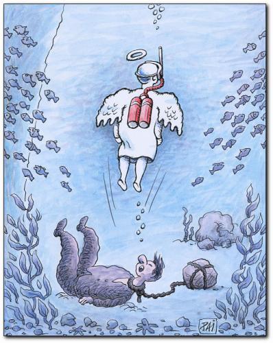 Cartoon: suicide (medium) by penapai tagged angel,water,taucher,meer,engel,schutzengel,geist,sauerstoff,ertrinken,sterben,schutz,himmel,jenseits