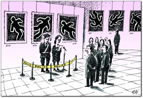 Cartoon: vernissage (medium) by penapai tagged police,vernisage,austellung,galerie,polizei,kriminalität,mord,kripo,gewalt,tod,umriss,gemälde,kunst,moderne kunst,pop art,abstrakt