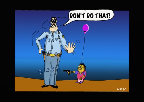 Cartoon: POLICE GETTING THE JITTERS (medium) by tonyp tagged arp,jitters,police,toy,gun