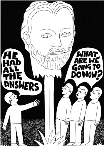 Cartoon: In the dark (medium) by baggelboy tagged decapitated,head,stick,followers,god