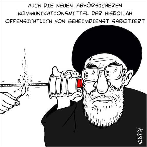 Cartoon: Kommunikationsmittel Sabotage (medium) by eisi tagged pager,hisbollah,geheimdienst,mossad,sabotage