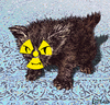 Cartoon: Persian kitten (small) by LeeFelo tagged kitten,cat,persian,nuclear,radioactive,yellow,brown,grin,claws,fur,fuzzy,atomic,evil,blue,carpet,weapon