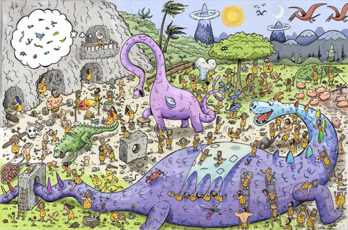 Cartoon: CaveWorld (medium) by Marcelo Rampazzo tagged puzzle,caveman,dinosaurs,puzzle,caveman,dinosaurs
