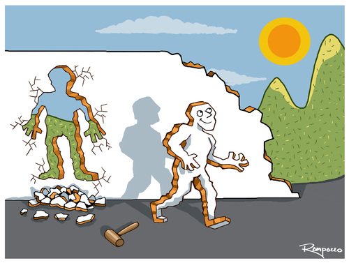 Cartoon: Sedentarism (medium) by Marcelo Rampazzo tagged sedentarism,illustration,illustrationen,wand,mauer,freiheit,frei,ausbrechen,ausbruch