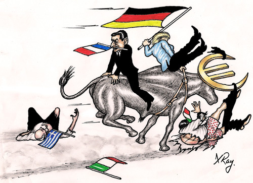 Cartoon: Euro zone crisis (medium) by Xray tagged euro,zone,crisis,european,financial,dept,bailout,nicolas,sarkozy,angela,merkel,silvio,berlusconi,mario,monti,lucas,papademos
