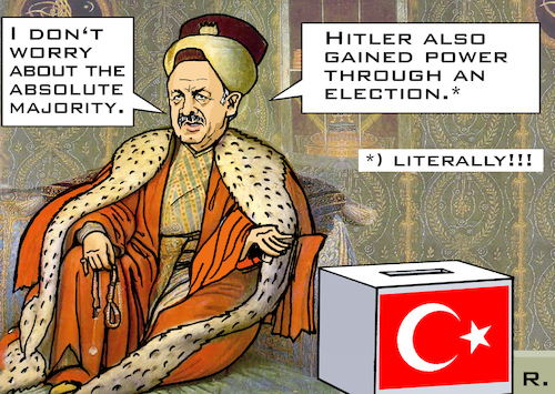 Cartoon: Absolutist (medium) by RachelGold tagged turkey,presidential,election,erdogan,dictatorship,sultan,pseudo,democracy,hitler,ottoman