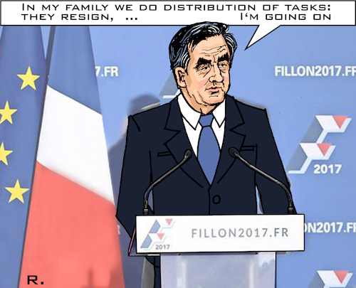 Cartoon: policy as a family business (medium) by RachelGold tagged france,presidential,election,campaign,fillon