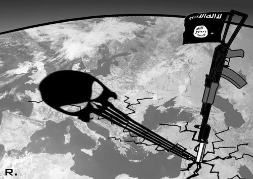 Cartoon: Shadow over Europe (medium) by RachelGold tagged is,europe,terrorism,shadow,skul,islam