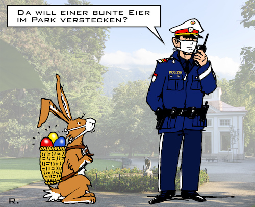 Cartoon: Verunsicherte Exekutive (medium) by RachelGold tagged corona,virus,restriktionen,ausgangssperre,polizei,ostern,osterhase,park,ostereier