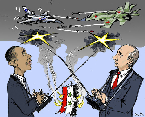 Cartoon: Anti-Terror-Fight in Syria? (medium) by MarkusSzy tagged syria,usa,russia,obama,putin,assad,aircraft,bombing,anti,terror