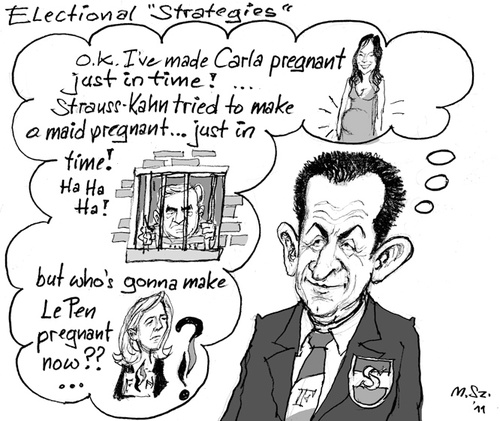 Cartoon: Electional Strategies (medium) by MarkusSzy tagged election,presidency,lepen,strausskahn,bruni,sarkozy,france