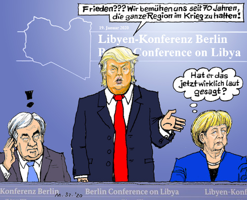 Cartoon: Friedens-Konferenz für Libyen? (medium) by MarkusSzy tagged uno,libyen,deutschland,usa,russland,türkei,berlin,konferenz,frieden,krieg,krise,failed,state,haftar