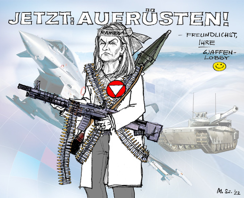 Cartoon: Im Windschatten? (medium) by MarkusSzy tagged russland,ukraine,krieg,sicherheit,rüstung,waffenlobby,aufrüstung,österreich,thanner,verteidigung