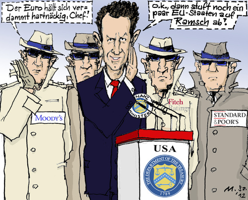 Cartoon: Rating-Agenten (medium) by MarkusSzy tagged eu,usa,euro,krise,ratingagenturen,us,finanzminister,geithner