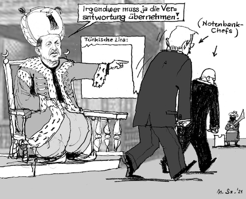Cartoon: Türkei. einfache Lösungen (medium) by MarkusSzy tagged türkei,lira,wirtschaft,konjunktur,erdogan,sultan,notenbank,chef,kurs,währung,chart,hinrichtung