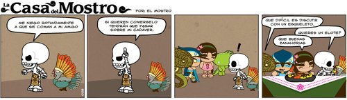 Cartoon: Mic y guajardo (medium) by mostro tagged mostro,bones,skull,calavera,guajolote,turkey,food,dinner,aztec,azteca,mexica,gods,dioses,muertos