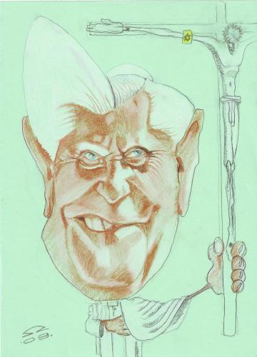 Cartoon: Pope Benedict XVI (medium) by zed tagged caricature,portrait,people,famous,world,church,italy,rome,vatican,catholic,roman,ratzinger,alois,joseph,xvi,benedict,pope