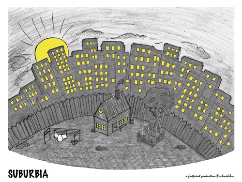 Cartoon: suburbia (medium) by schmidibus tagged suburbia,großstadt,sunset,trautes,heim,skyline,unerwartetes,geheimnis
