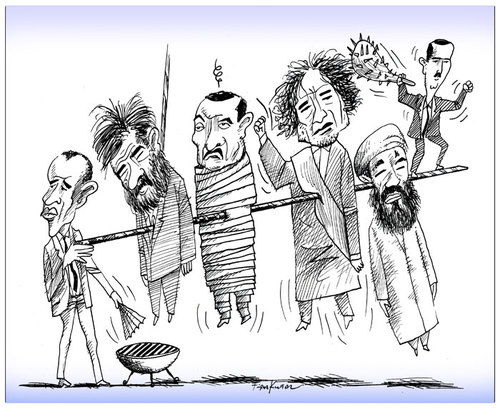 Cartoon: Barbecue-times! (medium) by firuzkutal tagged afghanistan,usa,hillaryclinton,commiittee,peace,nobel,norway,norwegian,firuzkutal,kutal,firuz,libertystatue,baloon,world,middleeastoslo,israel,urdun,syria,esadenver,assad,basharalassad,laden,bin,osama,gaddafi,tunisa,egypt,mubarek,mubarak,iraq,saddam,obama