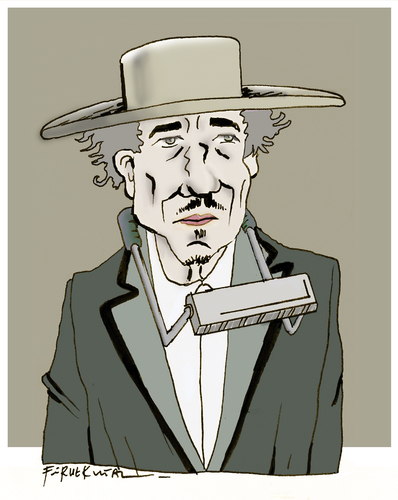 Cartoon: Bob Dylan (medium) by firuzkutal tagged blowing,nobel,nobelprize,music,tradition,legend,american,dylan,bobdylan,firuzkutal,times,changing