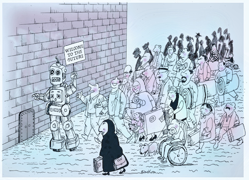 Cartoon: Welcome to the future! (medium) by firuzkutal tagged war,madness,gaza,ai,robot,everywhere,future,hope,nohope,refugees,immigration,poverty,war,madness,gaza,ai,robot,everywhere,future,hope,nohope,refugees,immigration,poverty