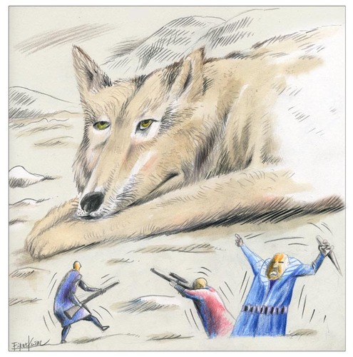 Cartoon: Which_one_is_more_savage? (medium) by firuzkutal tagged violence,unjustice,justice,tmk,tereorist,terror,east,children,iraq,kurd,firuzkutal,kutal,wolf,weapon,killing,animal,nature,wild,savage,hunting,hunt