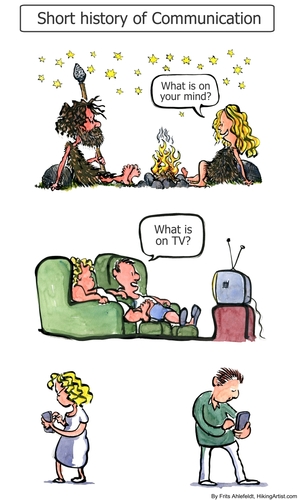 Cartoon: From Fireside to Phone (medium) by Frits Ahlefeldt tagged facebook,twitter,communication,marriage,love,couple,man,woman,phone,fire