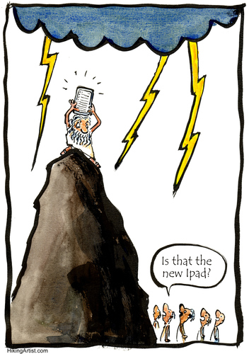 Cartoon: Man on the mountain  modern time (medium) by Frits Ahlefeldt tagged ipad,computer,mac,apple,freaks,gear,technology,mountain