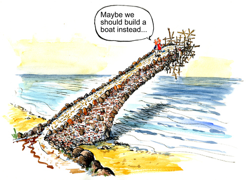 Cartoon: Second thoughts on the bridge (medium) by Frits Ahlefeldt tagged team,sea,water,boat,risk,managing,concept,idea,plan,planning,conflict,bridge