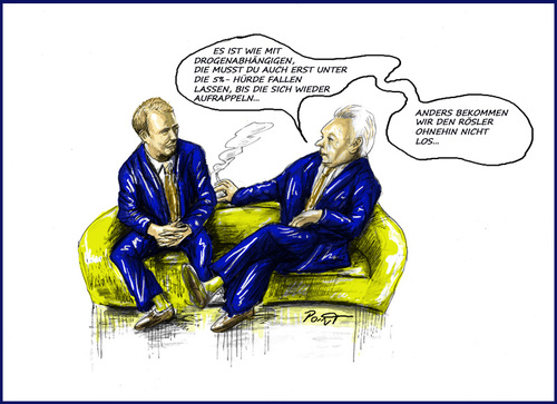 Cartoon: blau-gelber Wettbewerbszynismus (medium) by Parallelallee tagged fdp,fünfprozenthürde,rösler,lindner,kubicki,blau,gelb