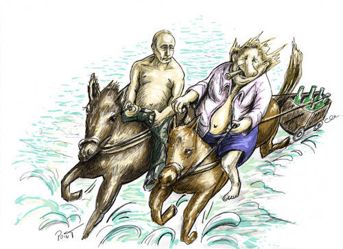 Cartoon: Erster Presseausritt (medium) by Parallelallee tagged putin,depardieu,steuerflüchtling,russland,frankreich,russischer,pass