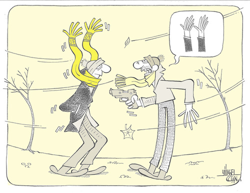 Cartoon: scarf (medium) by yukselcan tagged scarf,wind,hands,up,robbery,winter