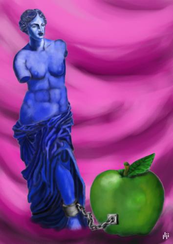 Cartoon: Venus and apple (medium) by Nizar tagged venus,and,apple,venus,apfel,mythologie,symbolik,milo,frau,nackt,skulptur,statue,figur,frucht,kette,angekettet,gefangen,verbunden,göttin,venusapfel