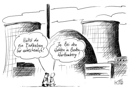 Cartoon: Beben (medium) by Stuttmann tagged beben,akw,atomkraft,tschernobyl,fukushima,japan,akw,atomkraft,sicherheit,wahlen,landtagswahlen