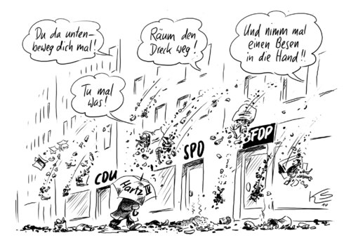 Cartoon: Besen (medium) by Stuttmann tagged hartz4,cdu,fdp,spd,hartz4,cdu,fdp,spd,hartz,arbei,job,parteien