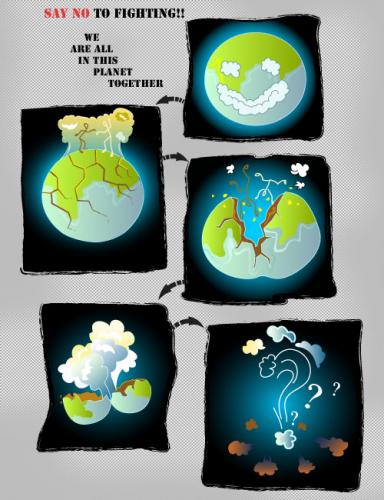 Cartoon: World in shambles ?? (medium) by remyfrancis tagged secularism,globalisation,shrinking,world,broken,disappearing,extinction,smoking,unhappy,fight,war,hate,sos