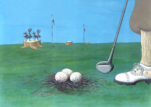 Cartoon: The Conqueror (medium) by ozbek tagged birds,nest,eggs,trees,golf