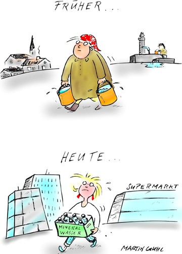Cartoon: frauentag mineralwasser heute fr (medium) by martin guhl tagged frauentag,mineralwasser,heute,früher,schleppen,dorfbrunnen,hausfrau