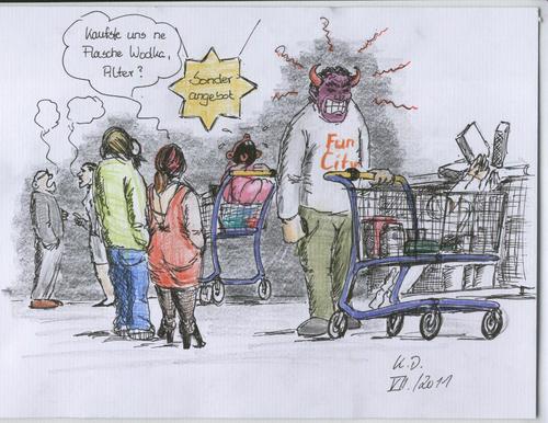 Cartoon: Einkaufsvergnügen (medium) by tobelix tagged einkaufen,buy,things,teenies,alkohol,discounter,nervig,tobelix