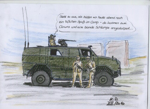 Cartoon: Truppenbesuch (medium) by tobelix tagged tobelix,truppenbesuch,kerner,frau,und,guttenberg,zu,verteidigungsminister